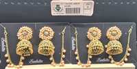 Boucles d'oreilles Jhumka indiennes plaquées or antique avec perles et pierres champagne, chaîne Kaan, ensemble de bijoux en gros