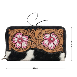 Elegant <b>Tooled</b> <b>Leather</b> Hairon Hide Clutch Zippered Wallet Pink Floro Handcrafted Cowgirl Evening Clutches Customised <b>Leather</b> Bag - Product Image 3