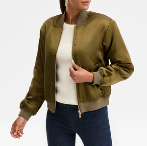 Women's Stylish <b>Lined</b> Short Casual Satin Bomber Jacket Lightweight Zipper Pocket <b>Coat</b> for Autumn/Spring Everyday Wear - Product Image 1