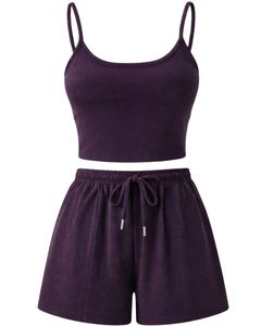 Deep Plum Women Camisole And Shorts <b>Set</b> Summer Two Piece Outfit Cotton Blend Crop Top Drawstring Shorts Casual Lounge Wear <b>Set</b> - Product Image 1