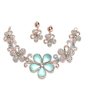 Ensemble collier et boucles d'oreilles en cristal plaqué or rose, style romantique pour femmes, ensembles de bijoux en alliage - Product Image 1