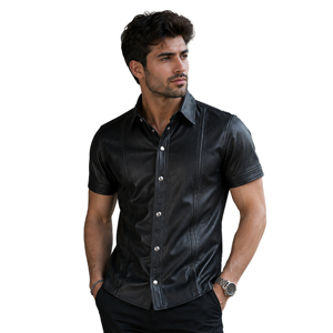 Men’s Genuine Cowhide Leather <b>Shirt</b> <b>Black</b> Short Sleeve <b>Button</b> <b>Up</b> Classic Casual Style with Point Collar Metal Snap Closure and P - Product Image 3