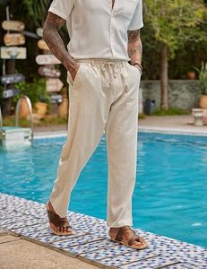 Men's 100% Linen Straight Leg Casual Pants <b>Elastic</b> Waist Drawstring Breathable Lightweight Summer Trousers With Pockets - Product Image 2