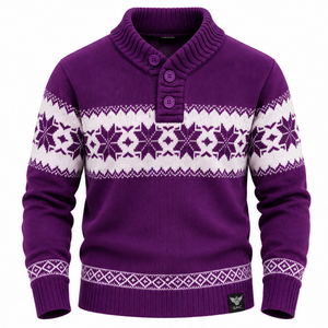 Suéter Morado para Hombre con Cuello Chalera, Diseño Nórdico de Copos de Nieve, Tejido Jacquard, Manga Larga, Jersey de Invierno, Personalizado, Talla XL - Product Image 1