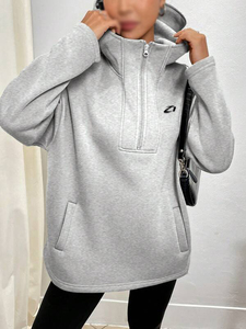 Sudadera de forro polar extragrande con capucha para mujer, manga larga, hombros caídos, cuello tipo embudo, gris liso, transpirable, con logotipo personalizado, al por mayor - Product Image 3