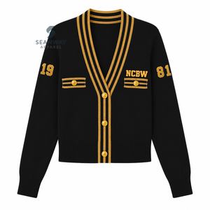 NCBW Sorority Women's <b>Varsity</b> Knit <b>Cardigan</b> V-Neck Button Front Long Sleeve Striped Rib Trim Embroidered Preppy Style Sweater - Product Image 1