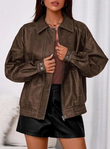 Veste en cuir pour femme, tricotée, imprimée sur mesure, en véritable peau de mouton, style motard, coupe ajustée, vêtement d'extérieur streetwear en coton - Product Image 2