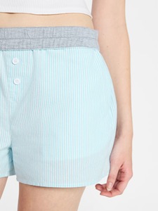 Shorts Oxford rayés bleu clair pour femme, taille haute, fermeture boutonnée, décontracté, respirant, coupe régulière - Product Image 4