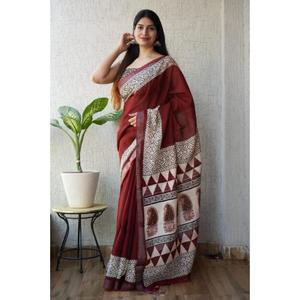 Sari de lino y algodón a la moda, con estampado artístico y blusa de lino para mujer, ideal para cualquier ocasión. - Product Image 1