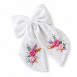 Moño para el Cabello de Algodón Bordado a Mano con Diseño Floral y Adorno de Perlas, Accesorio Decorativo para el Cabello de Gran Tamaño - Product Image 1