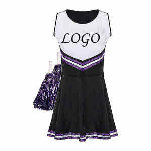 Ensemble d'uniforme de cheerleading blanc et noir, haut sans manches, jupe avec bordure violette, impression par transfert thermique, polyester et coton, logo frontal pour adulte - Product Image 1