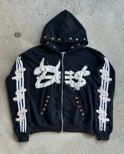 Custom Hoodie Applique Embroidery Zipper Hoodie Manufacturers Streetwear Cropped Striped French Terry Hoodie - Product Image 1