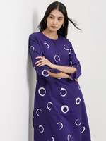 Robe longue violette à col rond avec manches trois quarts, coupe ample, tenue décontractée pour tous les jours, motif à pois dessiné à la main, tissu en viscose tissé