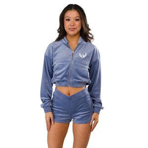 Women's Light Blue <b>Crop</b> Full <b>Zip</b> Hoodie Long Sleeve Soft Casual Gym Workout Activewear Lightweight Everyday Outerwear - Product Image 3