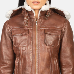 Blouson aviateur en cuir véritable pour femme avec capuche à bordure en fourrure, chapeau amovible, coupe-vent, manteau d'hiver, manches longues, longueur standard - Product Image 2