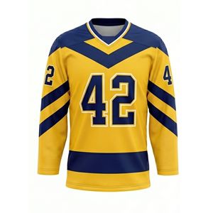 Gold <b>Navy</b> Blue Contrast Panels Performance Ice Hockey Jersey Polyester Knit League Jersey Long Sleeve Scrimmage Apparel Shirts - Product Image 2