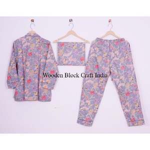 Ensemble de pyjama en coton indien imprimé à la main, vêtements de nuit élégants et tendance pour femmes et hommes, respirant, 100% coton pour l'été - Product Image 4