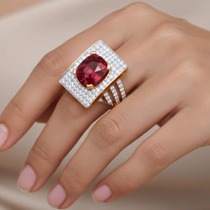 Bague en or et rubis exquise, design géométrique rectangulaire avec halo, bijoux de mode pour mariage et soirée pour femmes - Product Image 6