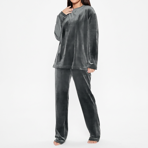 Ensemble de vêtements de nuit décontractés pour femmes, gris, à manches longues, col rond, coupe ample, couleur unie, hiver - Product Image 5