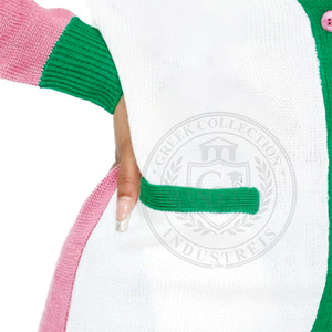Cárdigan de punto acrílico rosa y verde Sorority Alpha K con bordado de letras griegas, manga larga, cuello en V, suéter para mujer, estilo universitario. - Product Image 4