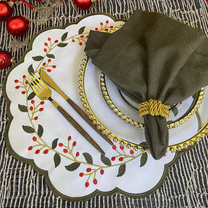 Embroidered Holy Christmas Design Round <b>Placemat</b>& Napkin Set Green Scallop Border White Cotton Mats for Home Restaurants Events - Product Image 3
