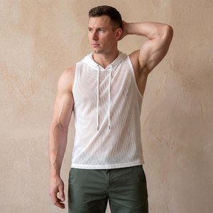 Camiseta sin Mangas con Capucha para Hombre, Color Blanco Sólido, Transpirable, Tejida, Corte Regular, Informal, para Verano - Product Image 1
