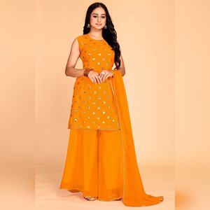 Ensemble Kurti Plazzo Moderne Georgette pour Femme, avec Broderies à Paillettes, pour Été et Hiver, Tenue de Soirée, Vente en Gros Indienne, Pantalon Chine - Product Image 1
