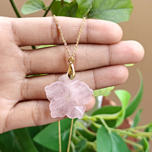 Crystal healing jewelry natural rose quartz <b>with</b> emerald zircon floral carved pendant necklace 18k gold plated designer necklace - Product Image 6