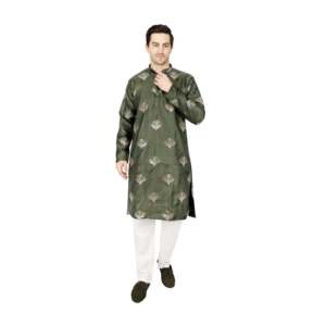 Conjunto de Kurta de Diseñador para Hombre, Verde Oliva, Satén Semiseda con Bordado de Motivos Metálicos y Adornos de Lentejuelas - Product Image 1