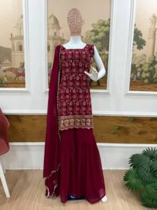 Conjunto de top de georgette sintético con bordado y encaje de diseñador, pantalón palazzo y dupatta, completamente cosido y listo para usar. - Product Image 6