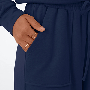 Ensemble de survêtement personnalisé pour femme, bleu marine, col rond, haut à manches longues, pantalon large, ensemble deux pièces, vêtements de détente, vente en gros OEM - Product Image 6
