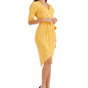 Vêtements de maternité décontractés longs et mi-longs pour femmes enceintes en été Col en V Allaitement Jaune Floral Plain Soft Modal - Product Image 1