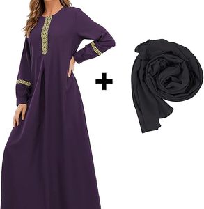 Abaya violette pour femme, manches longues, longueur ras du sol, broderie géométrique, robe modeste, style Moyen-Orient, tenue quotidienne, coupe ample - Product Image 4
