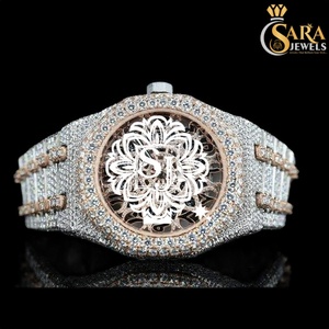นาฬิกาเพชร Sara Jewels Antique Unique Design ตัวเรือนสแตนเลสสตีล สายชุบทองคำขาว 20 มม. ประดับเพชร VVS เต็มหน้าปัด - Product Image 1