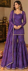 Ensemble Kurta en rayonne brodée violette avec pantalon palazzo évasé, tenue traditionnelle indienne et pakistanaise pour femme, coupe ample longueur ras du sol, Diwali - Product Image 3