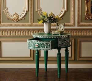Green Handmade Floral Inlay <b>Round</b> <b>Console</b> <b>Table</b> Traditional Living Room Furniture Antique Style Wooden Leg Base - Product Image 3