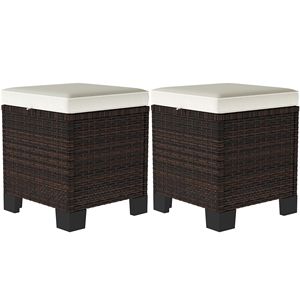 2 Piece Beige Outdoor Wicker Ottomans with Cushions Rattan Ottoman <b>Footrest</b> and Side Table for Patio Yard Poolside - Product Image 1