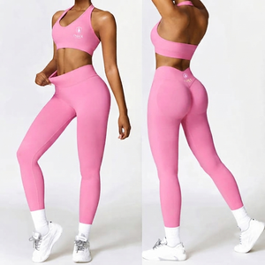 Conjunto de Yoga para Mujer INBOX, Rosa, 2 Piezas, Leggings de Cintura Alta, Top Corto, Sin Costuras, Elástico en 4 Direcciones, Color Sólido, Ropa Deportiva - Product Image 1