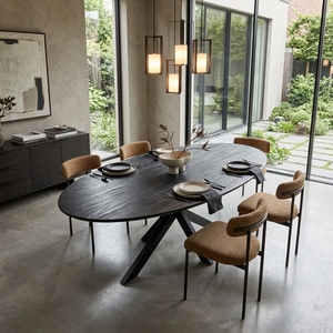 Mesa de Comedor Moderna Ovalada de Madera Maciza Negra con Patas Cruzadas Tipo Araña, Mueble Contemporáneo para Cocina o Comedor, Mesa Central Grande - Product Image 3