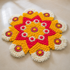 Tapis Rangoli floral fait main, jaune, rose, blanc, motif mandala, décoration pour Diwali, mariage, Puja, décoration de sol, tapis Rangoli festif - Product Image 5