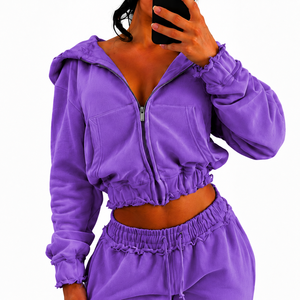 Ensemble sweat à capuche court brodé zippé et pantalon de survêtement long en molleton 100 % coton de couleur unie pour femme - Product Image 5