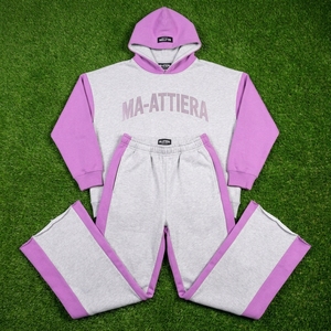 Custom Gray <b>Purple</b> Color Block Hoodie Wide Leg Sweatpants Set Cotton Fleece Streetwear <b>Tracksuit</b> OEM Wholesale - Product Image 5