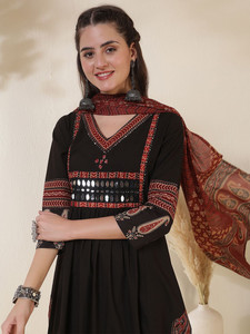 Black Embroidered V-Neck Knee-Length Quick Dry <b>Kurta</b> Palazzo Dupatta <b>Women</b> Traditional Cotton Casual Wear India Pakistan Style - Product Image 5