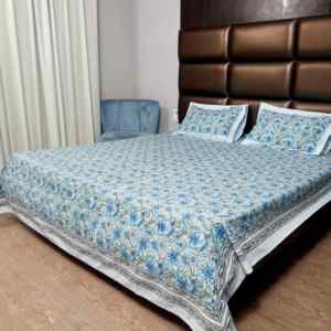Classic Jaipuri <b>Block</b> Print Pure Cotton <b>Bed</b> Linen Ice Blue Floral Lightweight Cool Summer Beach Resort Flat Sheet with 2 Pillow - Product Image 1
