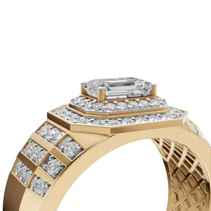 Anillo de Diamantes Imperial Redondo y Esmeralda para Hombre en Oro Amarillo de 18K, Anillo de Diamantes Creados en Laboratorio para Boda y Compromiso en Venta - Product Image 3