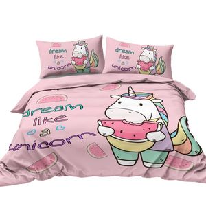 Set Copripiumino 3 Pezzi Queen Size con Motivo Unicorno e Anguria, Leggero, Rosa, Disponibile Anche in Misura King - Product Image 2