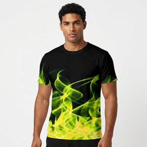 Camiseta de Manga Corta Negra para Hombre, Estampado de Llamas Verdes y Amarillas, Corte Regular, Cuello Redondo, Tejido de Punto, Spandex/Poliéster, Casual, Hip Hop, Transpirable - Product Image 5