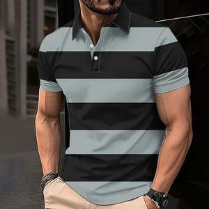Chemise à manches courtes rayée pour homme, tricotée, décontractée, coupe classique, boutonnée, respirante, polyester/coton, golf, noir/gris - Product Image 1