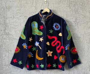Chaqueta Bomber Boho de Terciopelo Azul para Mujer, Bordada, 100% Algodón Tejido con Patrón Floral, Ecológica, Transpirable, para Invierno y Verano - Product Image 1