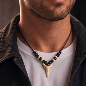 Fashion Beaded <b>Necklace</b>-20mm Hunter Tooth Pendant with Adjustable Pure <b>Leather</b> Cord for <b>Men</b> & Boys - Product Image 1